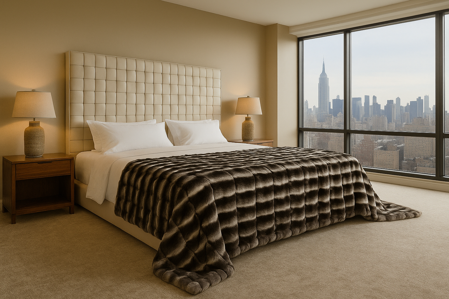 real Emperor size chinchilla fur blanket draped on bed with woven leather bedhead set in New York Condo with view of manhattan skyline