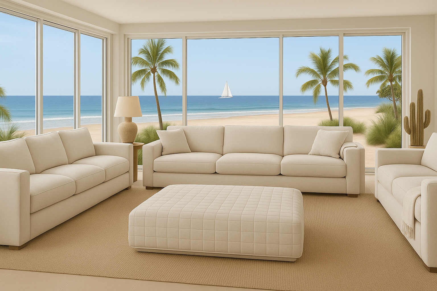 Remo woven leather ottoman with extra wide plain weave pattern. Cashmere throws. Beach House setting - Dentro Home leather ottomans